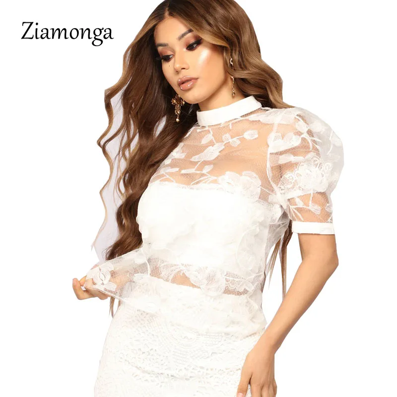 

Ziamonga Sexy Hollow Out White Lace Blouse Shirt Women Elegant Puff Sleeve Summer Blouses Female Casual Short Sleeve Tops Blusa
