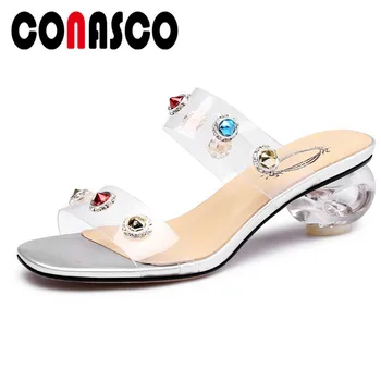 

CONASCO Summer Women Sandals Colorful Rhinestone Rivet Decoration High Heels Open Toe Elegant Pumps Prom Party Dress Shoes Woman