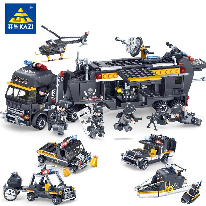 

New KAZI SWAT Team Command Vehicle Car 3D DIY Model Building Blocks Bricks Compatible Legoing City Police Toys For Children Boys