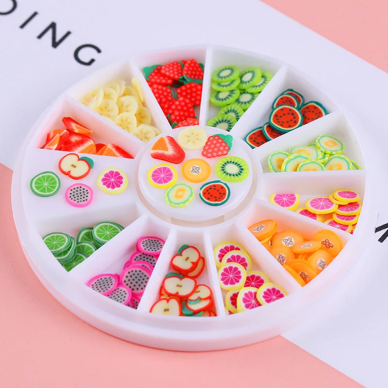 3D Полимерная глина крошечные фимо фрукты Ломтики ногтей колеса красочные 3D украшения для дизайна ногтей украшения DIY колесо для ногтей 12 узоров
