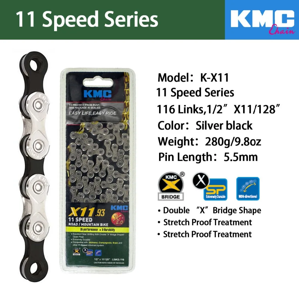 Top KMC chain x11 x11L x11sl X11ept x11el x11.93 gold silver for MTB/Road Bike fo Shimano/SRAM 11 speed 116L /chain bike Full hollow 12