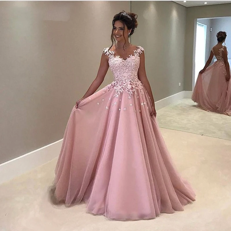 

Pink Evening Dresses 2019 A-line Tulle Lace Abiye Gece Elbisesi Appliques Lace Long Prom Evening Gown Silver Robe De Soiree