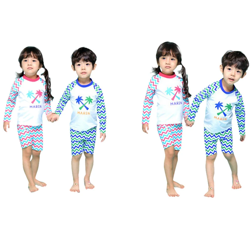 

TELOTUNY Kid Baby Girl Boy Long Sleeve Letter Beach Swimsuit Coconut Tree Print Swimsuit Split Boxer Two-piece Sister Swimsuit G