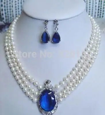

A0503 Charming white Akoya Cultured 3 rows white pearl sapphire pendant necklace earring Silver Hook Fast shipping + (0430)