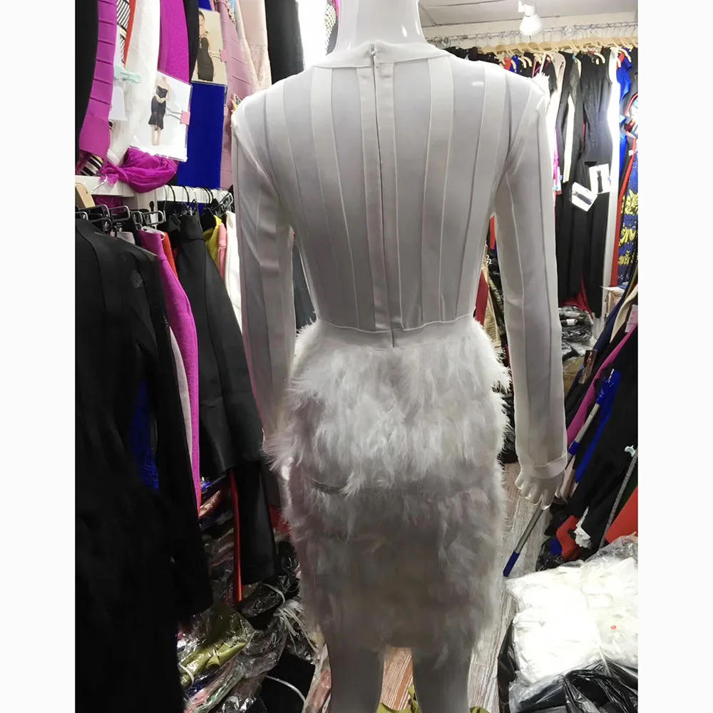 Для женщин модные зимние Коктейльные Бандажное платье с длинными рукавами и круглым вырезом сетки перо страуса лоскутное Vestidos Минни праздничное платье