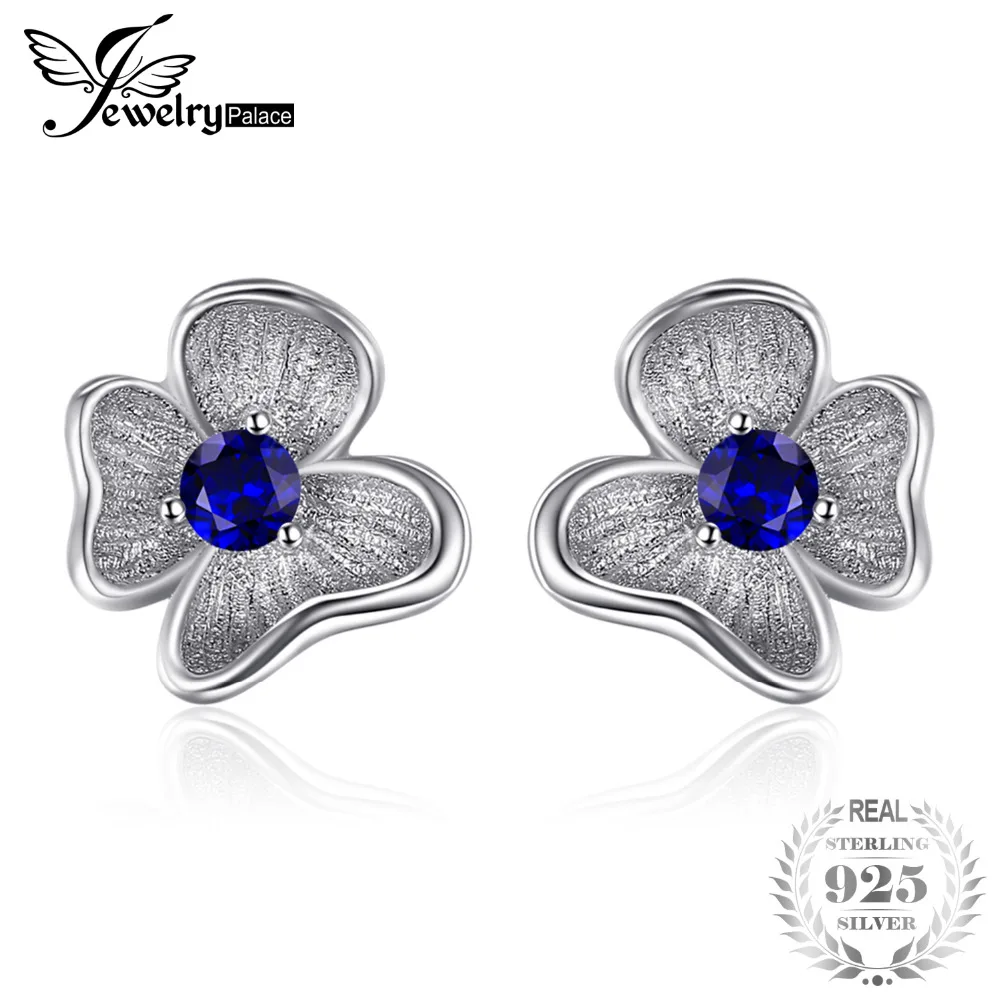 

JewelryPalace Flower 0.3 ct Created Blue Sapphire Stud Earrings 925 Sterling Silver Jewelry For Women Party Trendy Earrings 2017