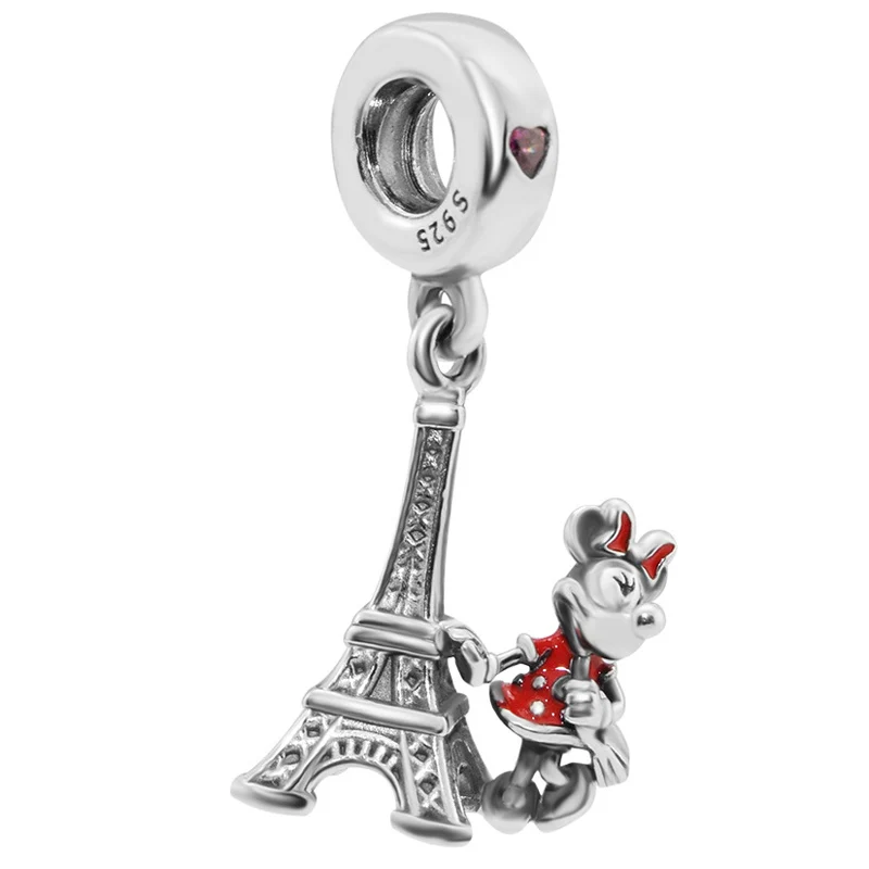 

New 925 Sterling Silver Bead Charm Enamel Minnie Mouse Eiffel Tower Pendant Beads Fit Pandora Bracelet Bangle Diy Jewelry