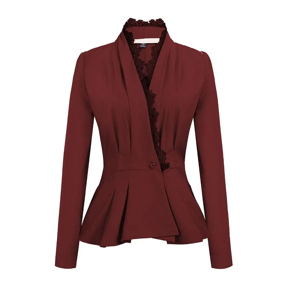 

Women Lace Trim One Button Long Sleeve Slim Peplum Business Blazer Jacket Coats
