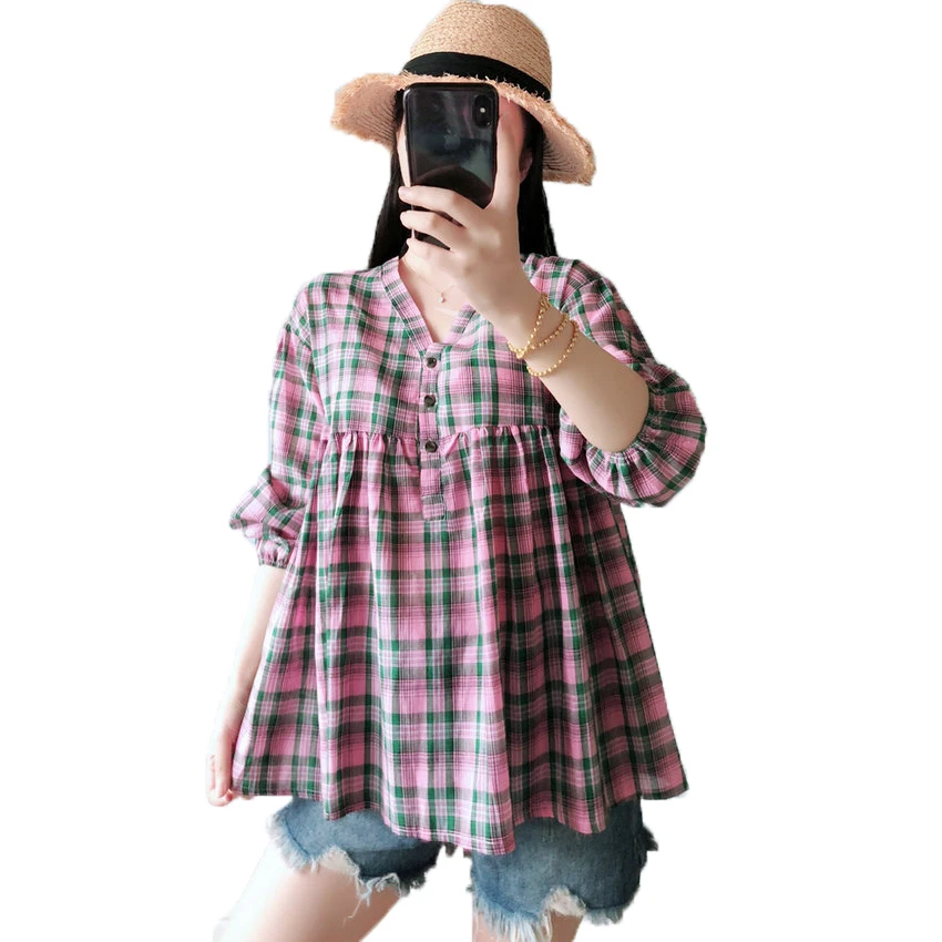 Spring Women Peplum Blouses Pink Plaid Loose Top Woman Peasant Tunic V-neck Basic Shirt Lady Leisure Shirt Linen Boho Tunics 4XL
Spring Women Peplum Blouses Pink Plaid Loose Top Woman Peasant Tunic V-neck Basic Shirt Lady Leisure Shirt Linen Boho Tunics 4XL