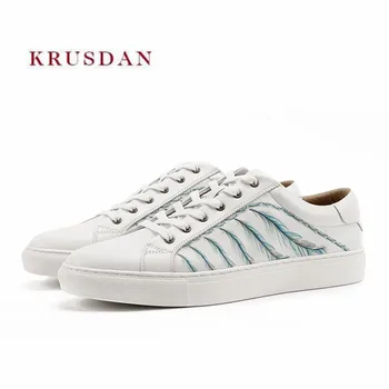 

KRUSDAN Brand Walking Men Shoes White Genuine Leather Casual Sneakers Lace Up Sports Slipper Handmade Vulcanized Shoes Men Flats