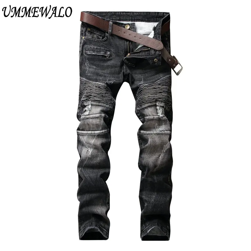 UMMEWALO Black Biker Jeans Men Denim Ripped Skinny Jeans Mens Slim Straight Jean Male Brand Moto Jeans Hombre