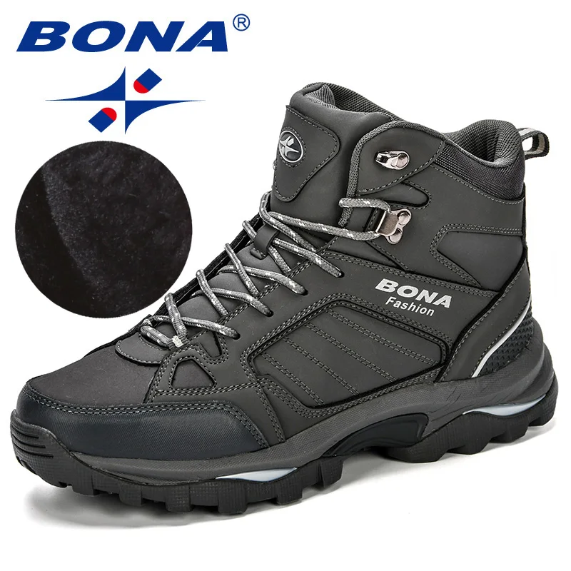 BONA Мужские ботинки анти-скольжения кожаной обуви Для мужчин популярные удобные Демисезонный Мужская обувь короткие плюшевые ботильоны на зиму прочная, долговечная подошва - Цвет: Dark grey silvergray