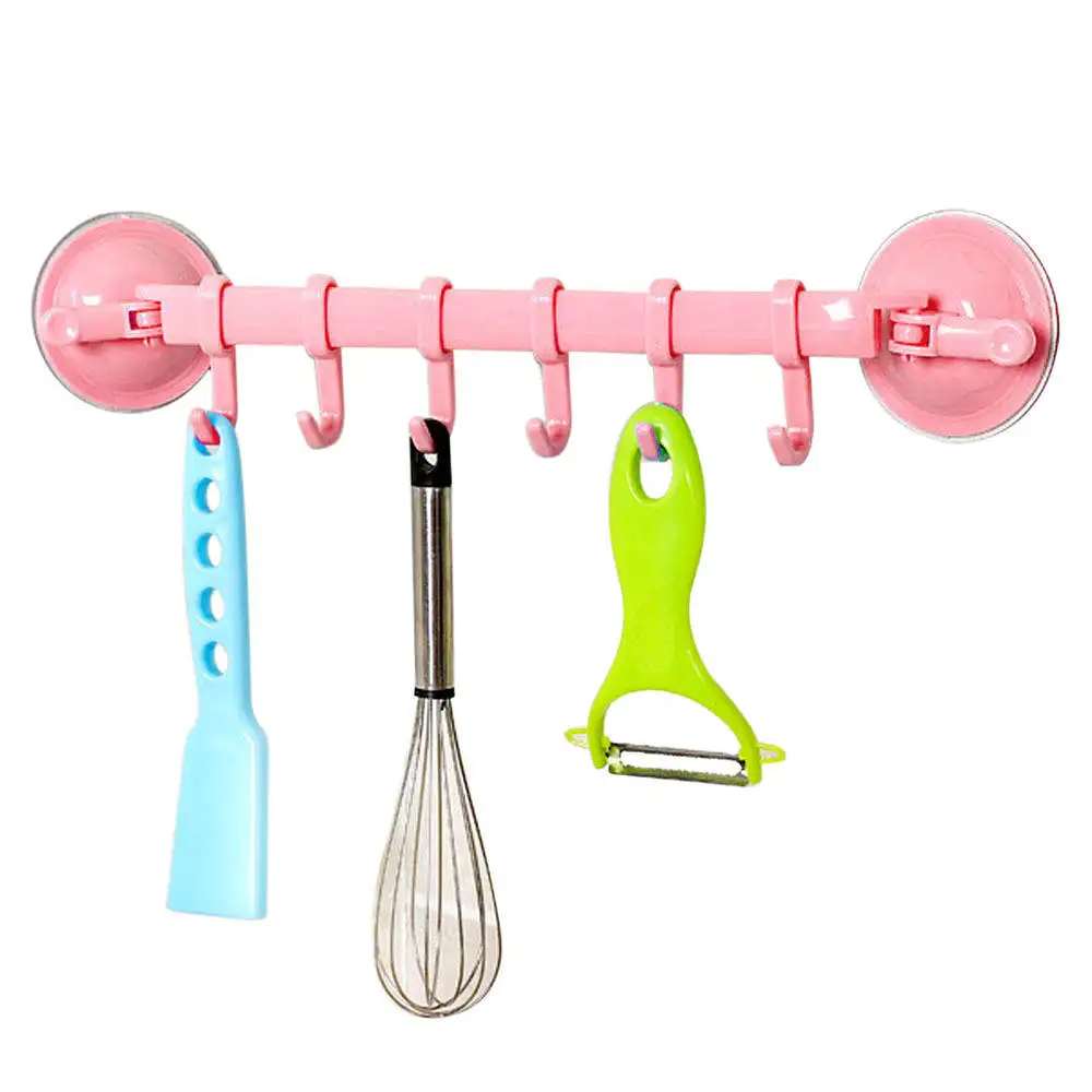 Высокое Качество Ужин настенная вакуумная стойка присоска 6 крючки для полотенец Ванная комната Кухонный держатель присоска вешалка крепкий крючок - Цвет: Pink
