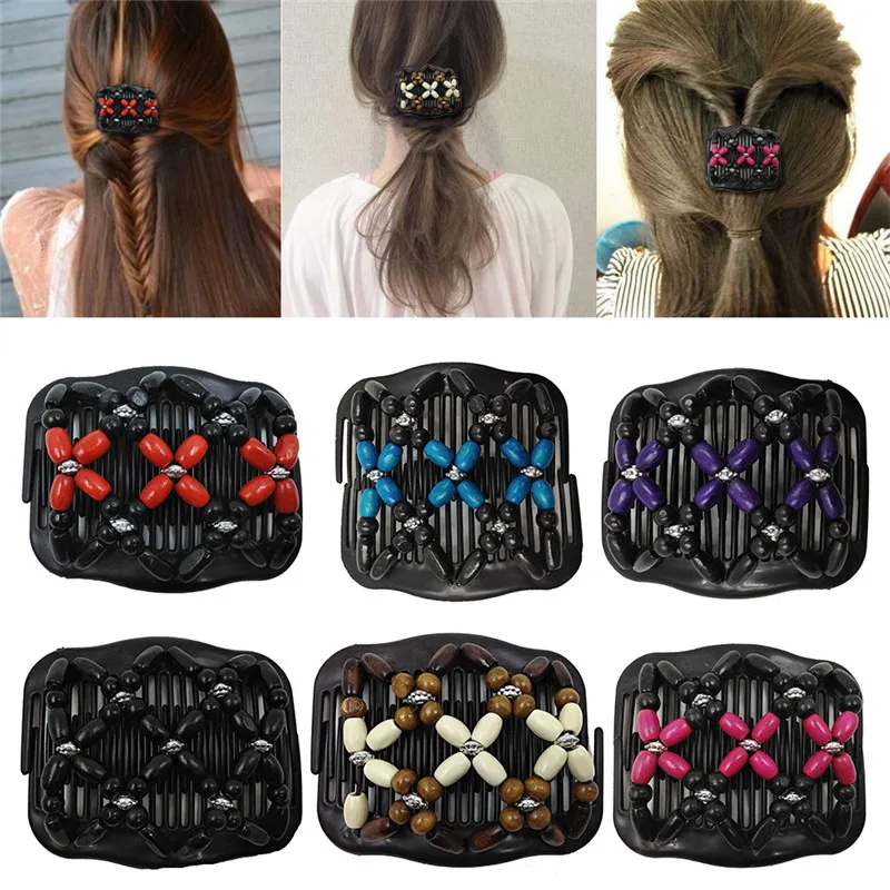 Professional Wooden Hair Comb Ladies Magic Beads Elasticity Double Clip