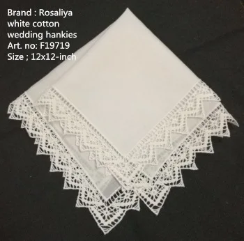 

Set of 12 Fashion White Cotton Wedding Bridal Handkerchiefs with Embroidered crochet lace edges Ladies Hankies Hanky 12x12-inch