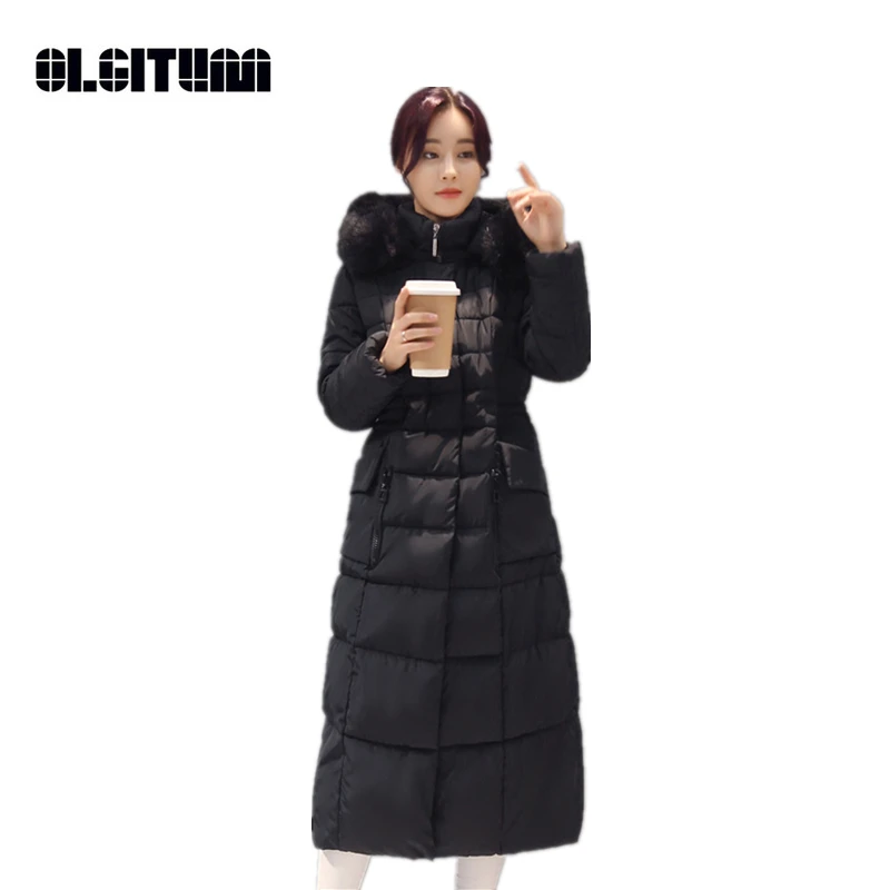 #*Cheap New 2018 Autumn and Winter Fur Collar Solid Color Women Coat Female Long Slim Warm Thickened Cotton Coat