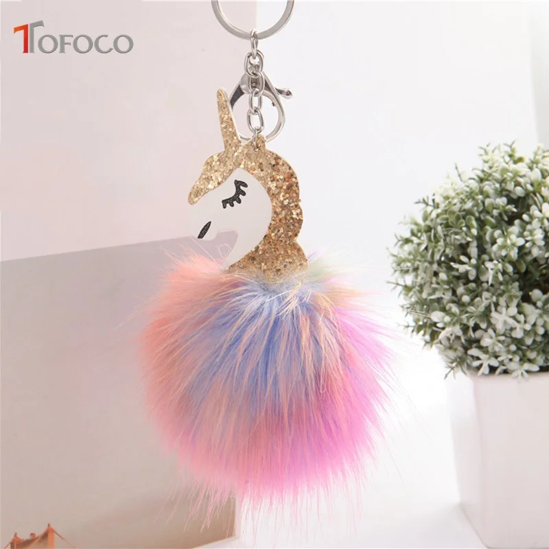

TOFOCO New Fluffy Uni corn Toy Keychain Pendant Cute Pompom Artificial Rabbit Fur Doll For Bag Car Xmas Valentine Gift