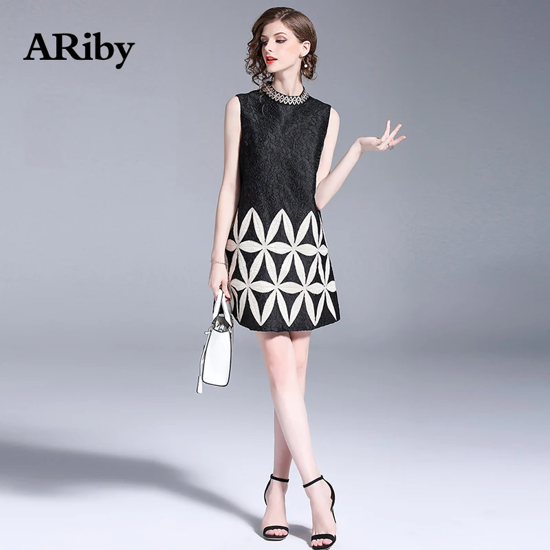 Women Dress Stand Collar Black Mini Dress 2019 Summer New Fashion Korean Version Sleeveless Printed One-step A-Line Dress Girl