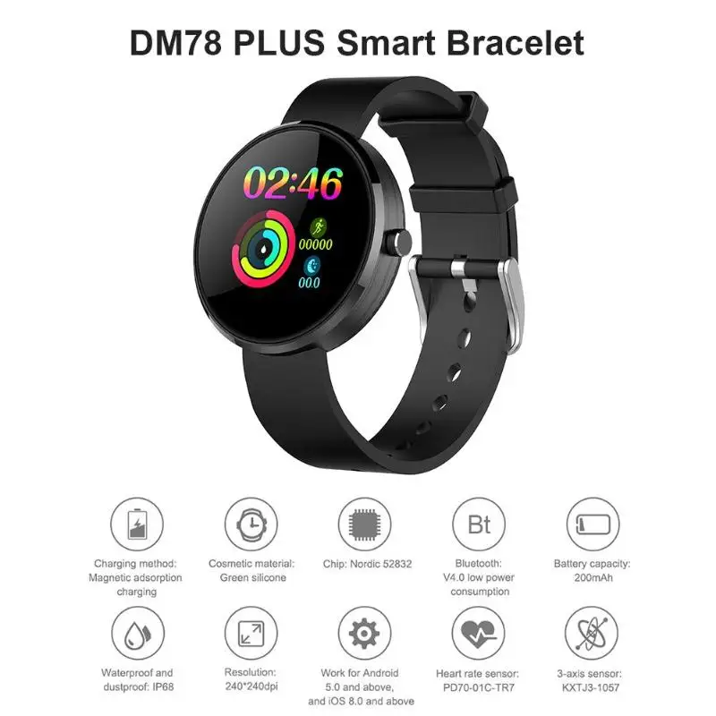 DM78 плюс смарт-Браслет фитнес-браслет IP68 Водонепроницаемый трекер активности Монитор Сердечного Ритма Смарт-часы для мужчин и женщин