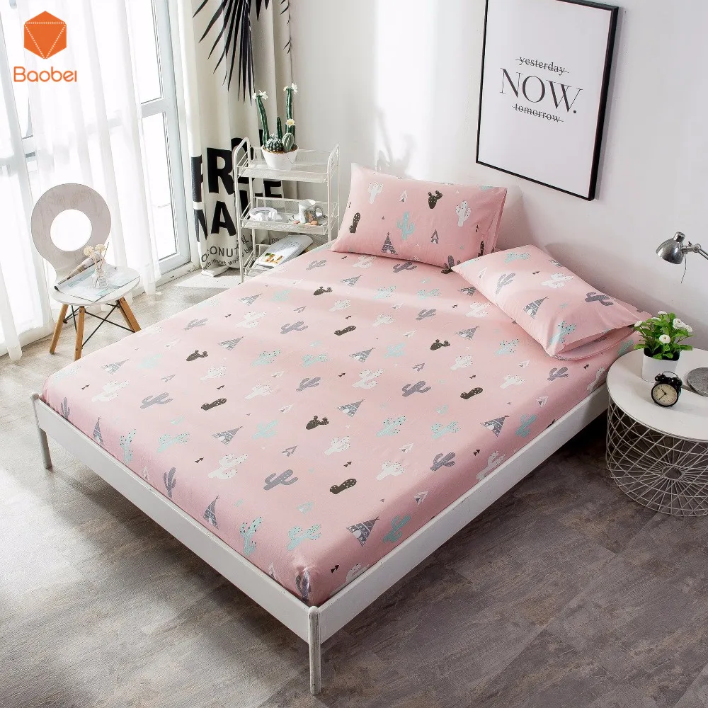 

1Pcs Pink Sheet cactus 100% Cotton Fitted Sheet Deep 30cm Mattress Cover Printing Bedding Linens Bed Sheets With Elastic Sj206