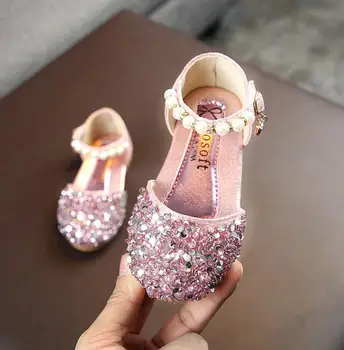 

Hot Children Kids Shoes Girls Casual Fashion Sandals Pearl Bling Sequins Single Shoe Solid Single Dance Hook&Loop Princess Shoes
