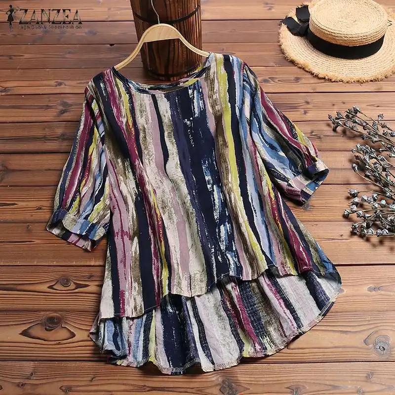 

ZANZEA Summer Shirt Casual Blouse2019 Vintage Striped Bohemian Tops Femme O Neck 3/4 Sleeve Blusas Robe Tunic Chemise Plus Size