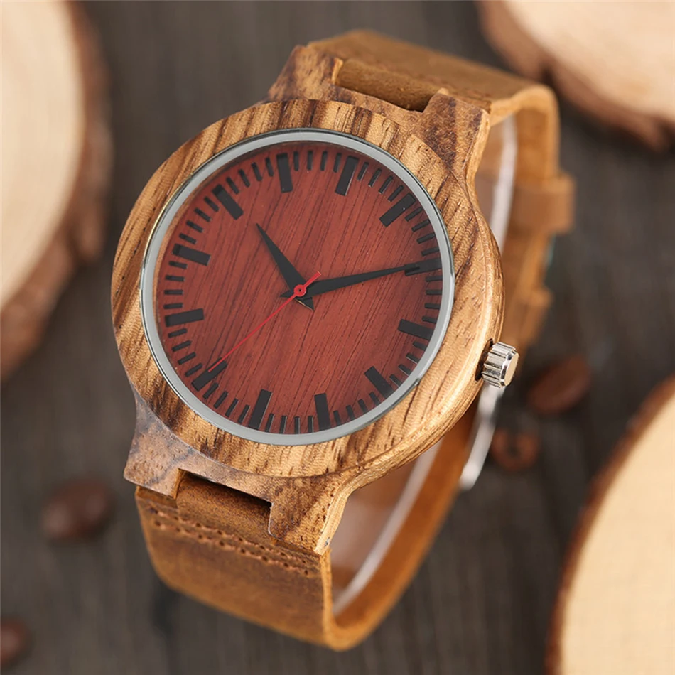 Creative Wooden Wrist Watch Genuine Leather Band Strap Analog Bamboo Quartz Handmade Red Face Wood Watch for Gifts YISUYA (3)