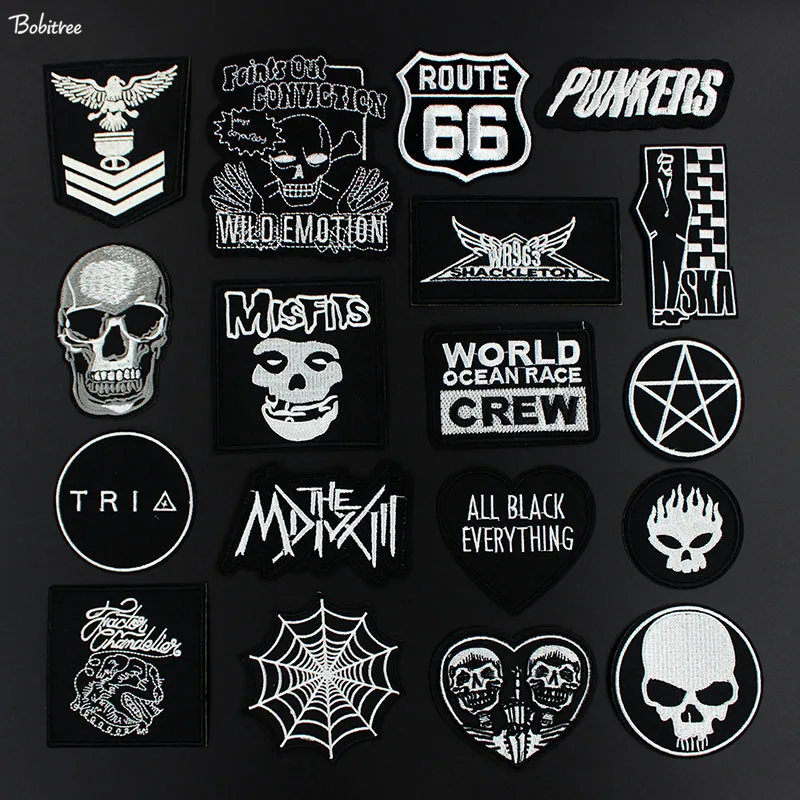 

Black Design SKULL Badges Clothes Patches Embroidered Stickers Iron on for Jacket Jeans Decoration DIY Applique Patchwork