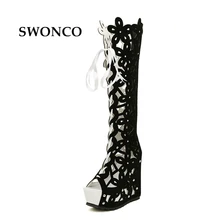 SWONCO/женские ботинки; обувь в римском стиле; дышащие высокие сапоги с вырезами; женская обувь на высоком каблуке; сезон лето; коллекция года; сандалии-гладиаторы