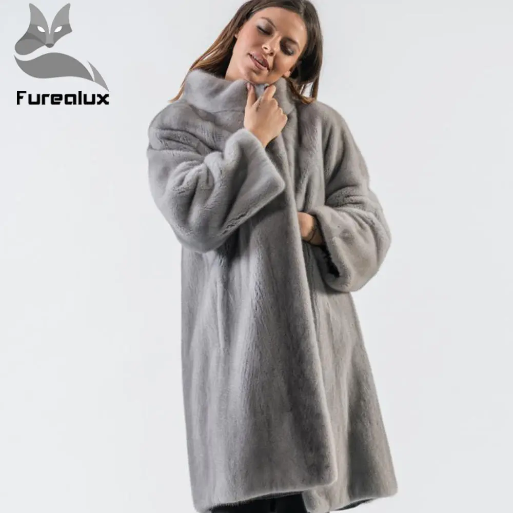 

Furealux Real Mink Fur Jacket Stand Collar Natural Mink Coats Real Fur For Jacket Women luxury Coats Outerwear lady
