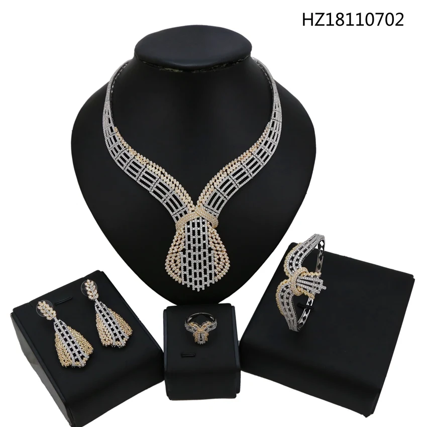 

YULAILI 2018 New Arrival Necklace Bangle Earrings Ring Gold Color Top Quality Cubic Zirconia Jewelry Set