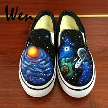 Вэнь черная ручная роспись обувь дизайн пользовательские Галактика Космос планета для мужчин женщин слипоны холст кроссовки для рождественских подарков