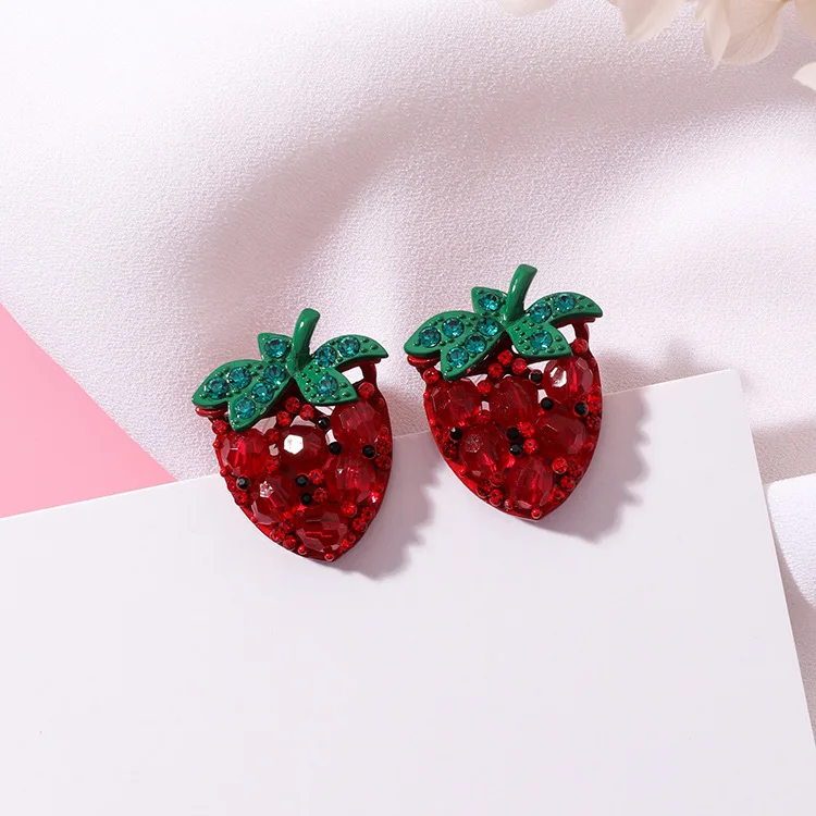 

2018 Summer New Accessories Fruit Strawberry Watermelon Stud Earrings For Women Fashion Rhinestone Crystal Sweet Brincos Gift