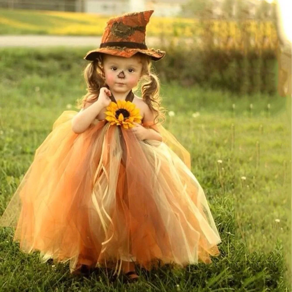 Scarecrow Halloween Girls Dress Vestidos Sun Flower Christmas Kids Costume Outfits Birthday Party Baby Fall Tutu Dress with Hat (4)