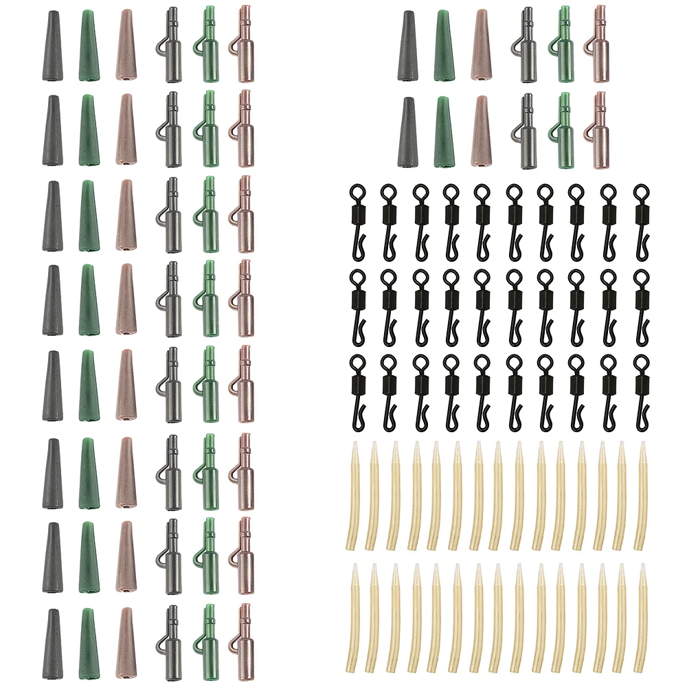 120 шт./лот, набор аксессуаров для ловли карпа, свинцовые безопасные зажимы, Быстросменные Вертлюги, не спутывающиеся рукава с коробкой для рыболовных снастей