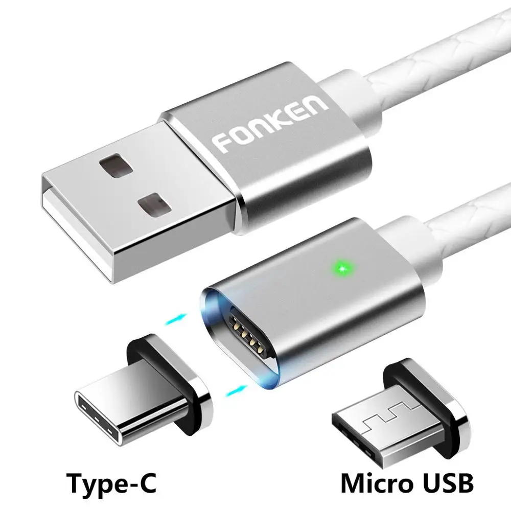 FONKEN 2 в 1 usb type C Магнитный кабель Micro USB Магнитный кабель для телефона 1 м светодиодный шнур для зарядки мобильного телефона Кабели из искусственной кожи type-C - Цвет: 2 plug 1 white Cord