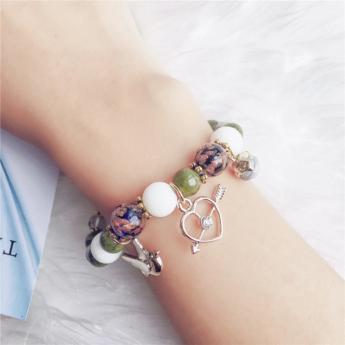 Bohemian Cupid Heart Crystal Charm Gold Bracelets & Bangles for Women Beads Handmade Charm Bracelet Boho Lovers Jewelry B39