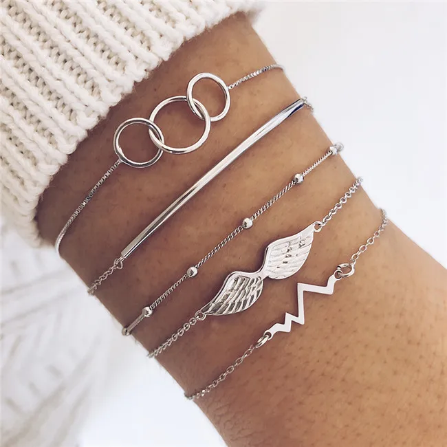 DIEZI Fashion New Silver Round Wing Chain Bracelets Bangle For Women Crystal Round Arrow Charm Bracelets Sets Jewelry Gifts - Окраска металла: wing round silver