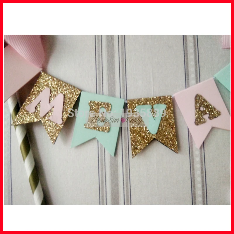 

Free Shipping 6 Letters' Name Cake Buntings With Gold Straws Pink Bow Glued Higher Case Handmade Name Sign Garlands Cakes