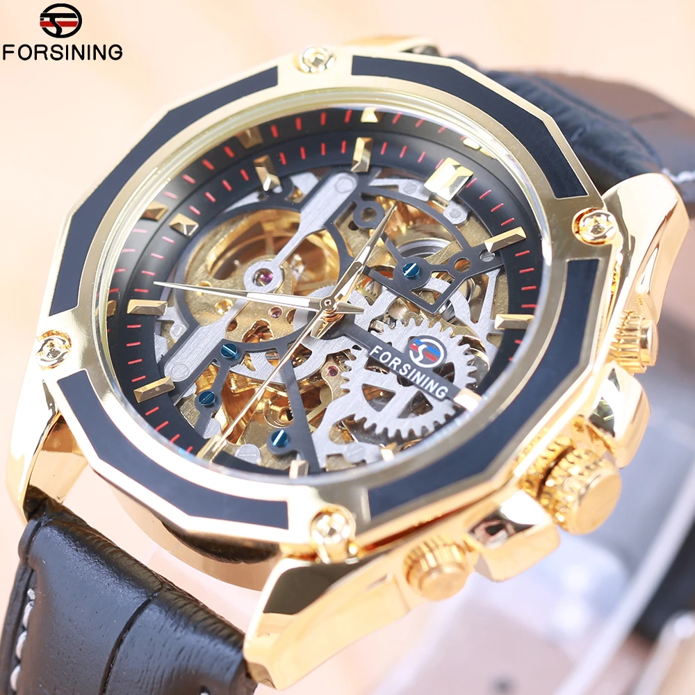 

Forsining Transparent Case Gear Movement Steampunk Men Automatic Skeleton Watch Top Brand Luxury Open Work Design Self Winding