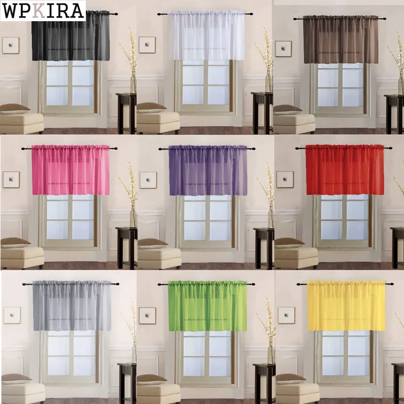 

1 Piece Rod Pocket Pure Color Sheer Short Curtains Valance Tie For Small Window Voile Drapes Roman Tulle Kitchen Cafe 184&20