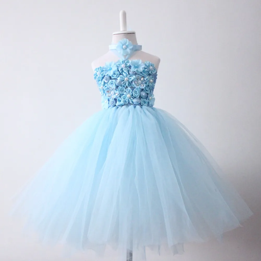YEWUDIER Sky Blue Baby Girls Tutu Dress With Headband Wedding Flower