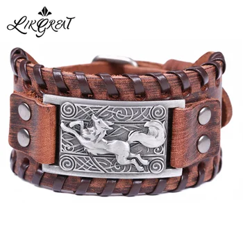 

LIKGREAT Nordic Fox Heraldry Viking Bracelet Black Brown Wide Braid Genuine Leather Bracelet Cuff Bangle Talisman Amulet Jewelry