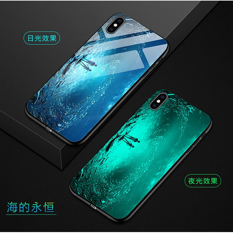 

For Apple iphone X XS Max Case Luxury Luminous Hard Tempered Glass Protective Back Cover Case for iphone 5 5S 6 6S 7 Plus shell