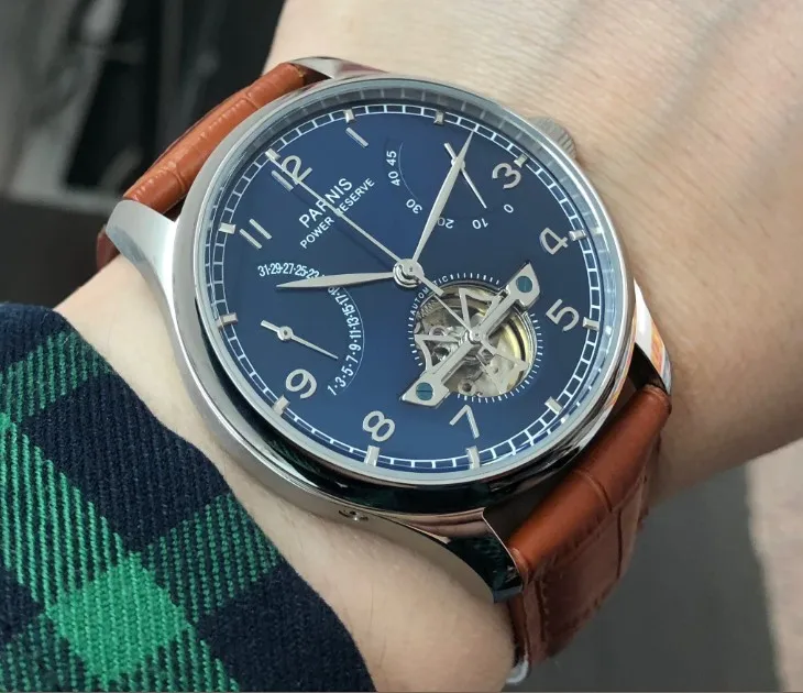 

new blue dial 43mm PARNIS Automatic Self-Wind mechanical movement men watches power reserve Auto date Mechanical watches pa124-8