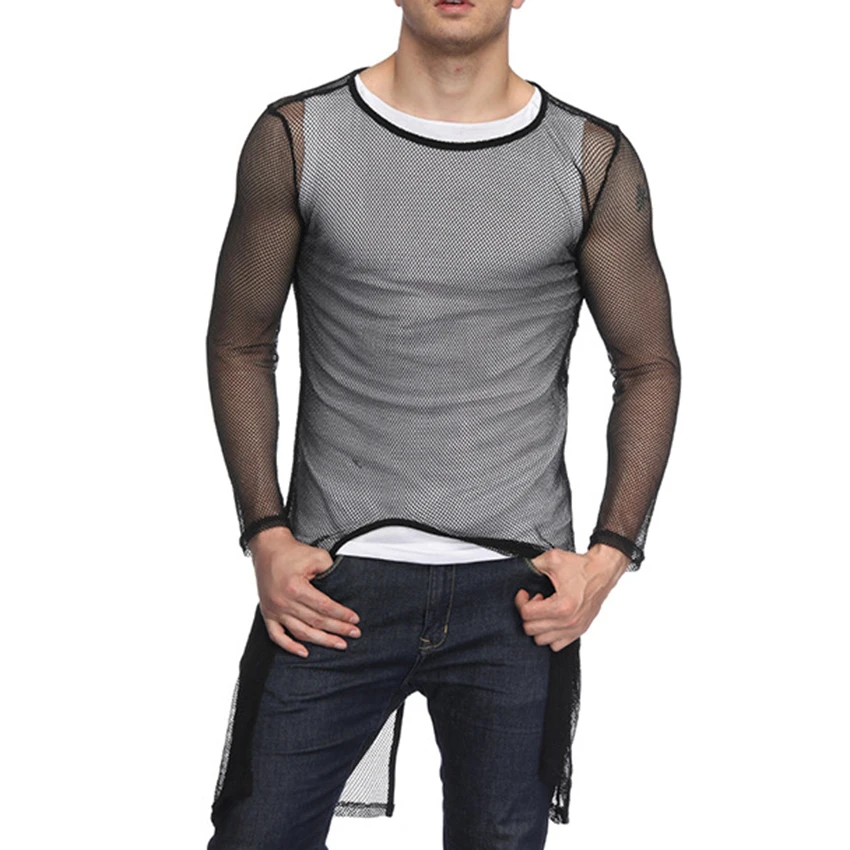 Men Irregular Split Hem Perspective Long Sleeve Tshirt Summer Cool Men