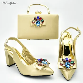 

Latest Women Designers Soft Shoes Nigerian Women Wedding Shoes and Bag Set Decorated With Appliques Pumps For Party D95-7