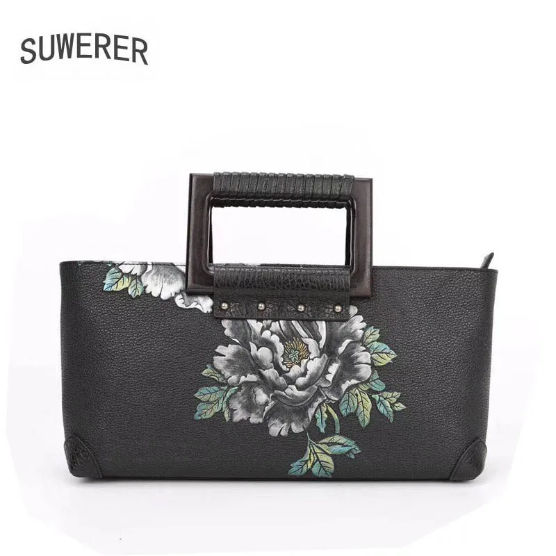 

SUWERER 2019 New women genuine leather bag famous brands Embossing flower fashion top cowhide art bag women leather handbags