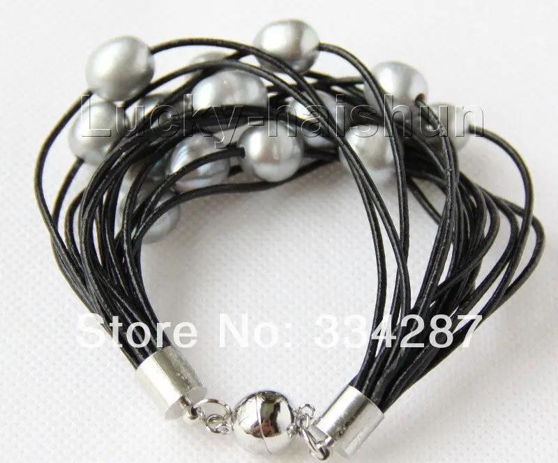 

8" 13mm 15row gray pearls black leather bracelet