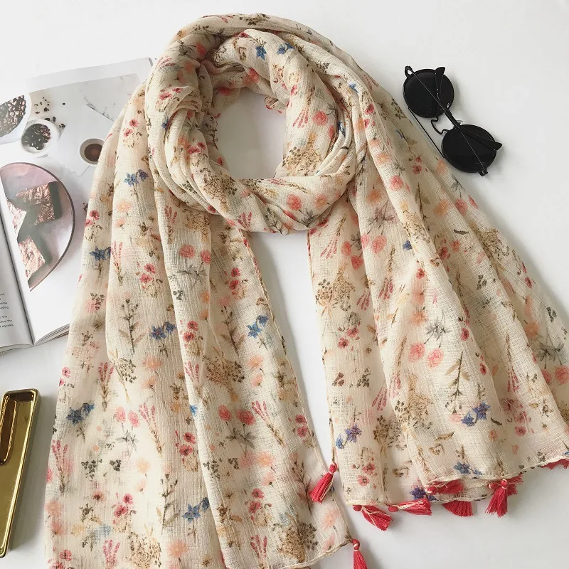 [Lucekmar] Fashion Floral Tassel Scarf Women Hijab Shawl Scarves Cotton